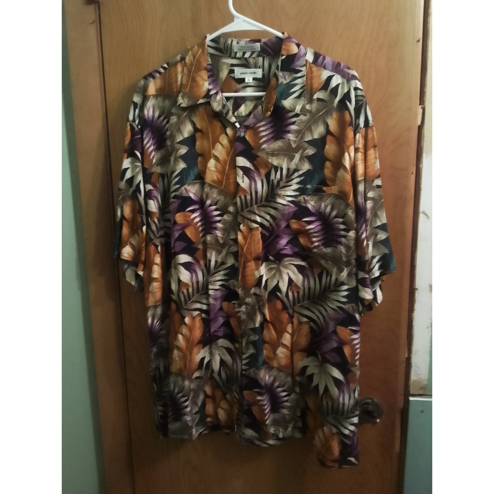 Pierre Cardin Shirt Men XL Abstract Watercolor Floral Hawaiian Tropical Camp Vtg